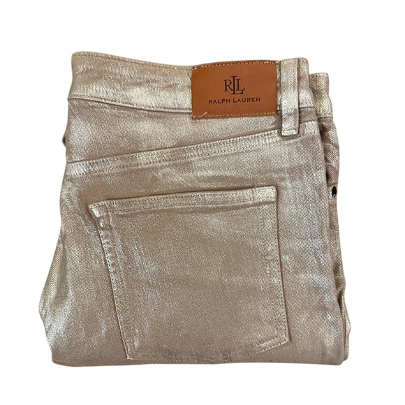 Ralph Lauren | Black Label High Rise Straight Ankle Gold Shimmer Jeans - Size 14 - Picture 5 of 11